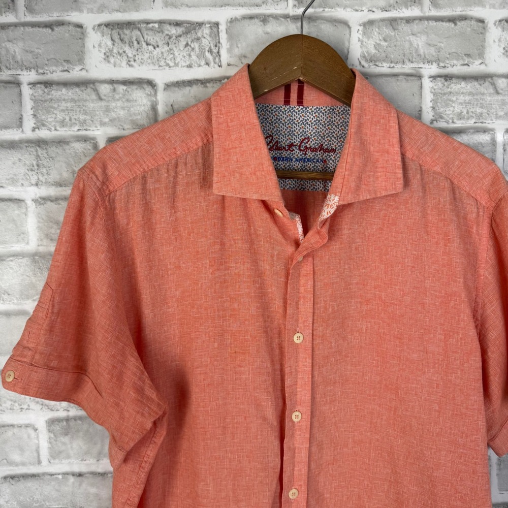 Robert Graham Modern Americana Coral Linen Blend Short Sleeve Shirt XL Tailored